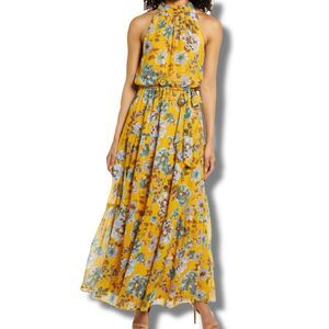 Julia Jordan Women’s Size 4 High Neck Maxi Dress Deep Yellow Floral Sleeveless